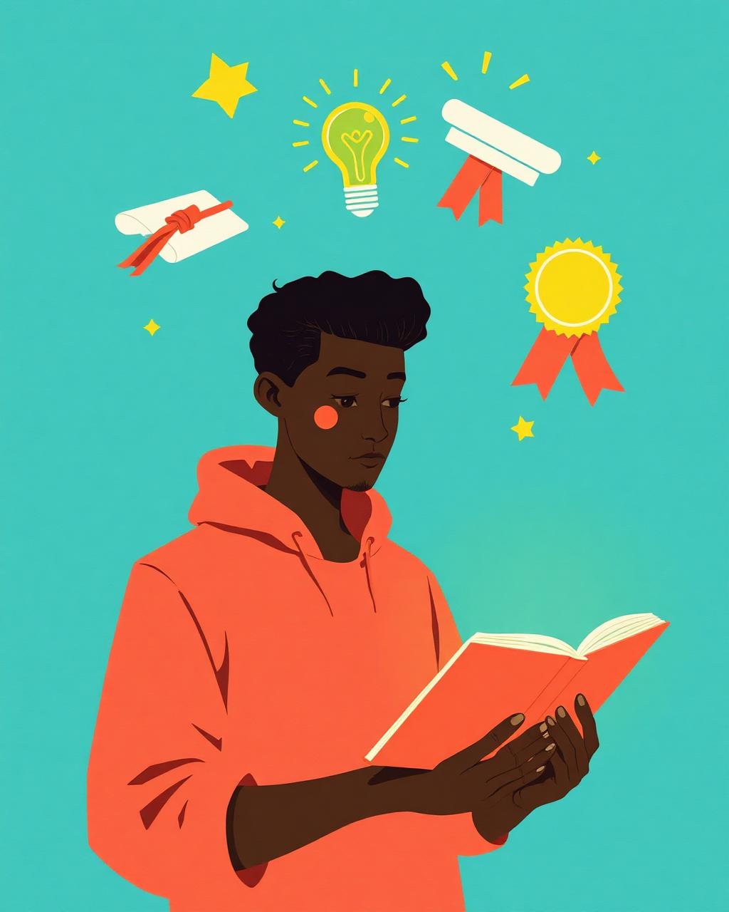 Young entrepreneur reading a glowing book with badges and lightbulb