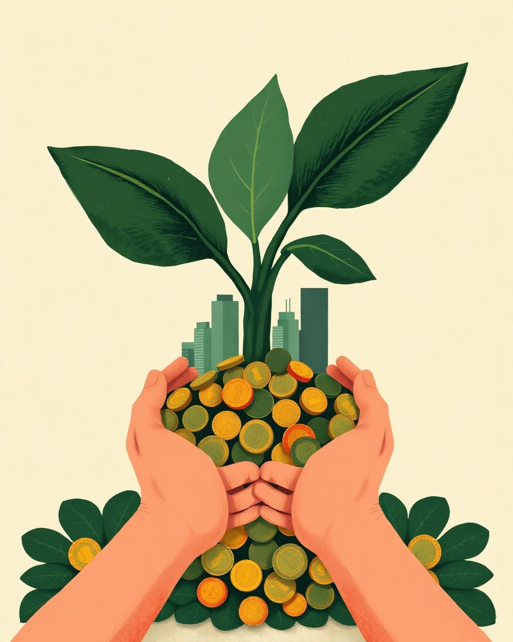 Hands holding a sprouting plant of coins growing into a skyline