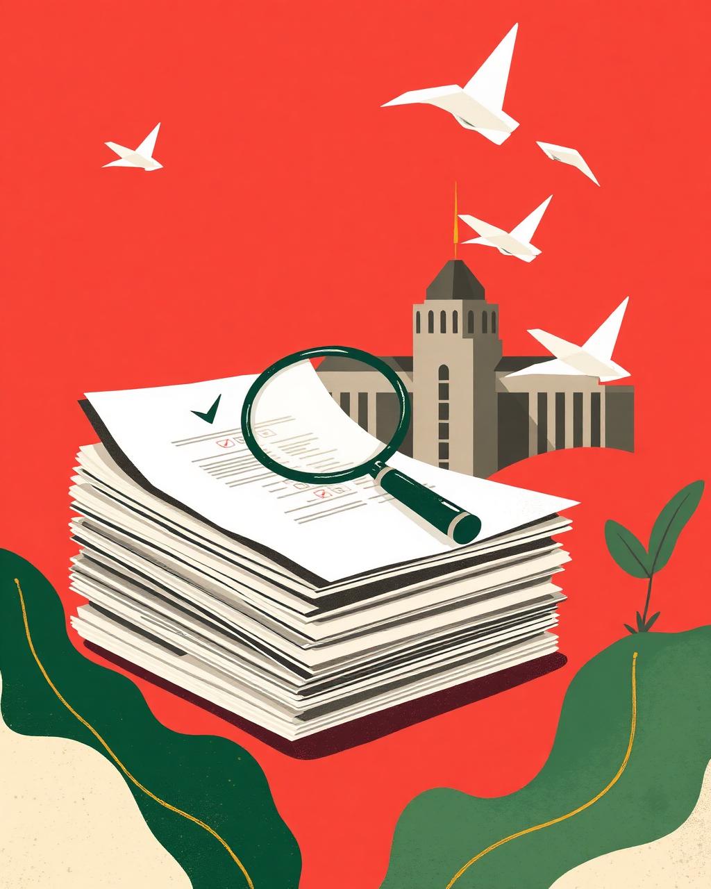 Stack of tender documents with a magnifying glass and paper planes