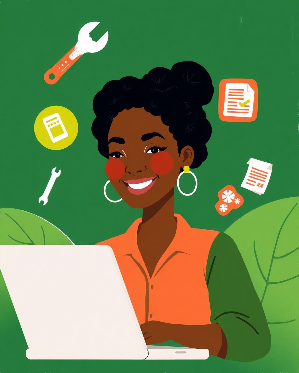 Entrepreneur using a laptop with floating business tool icons