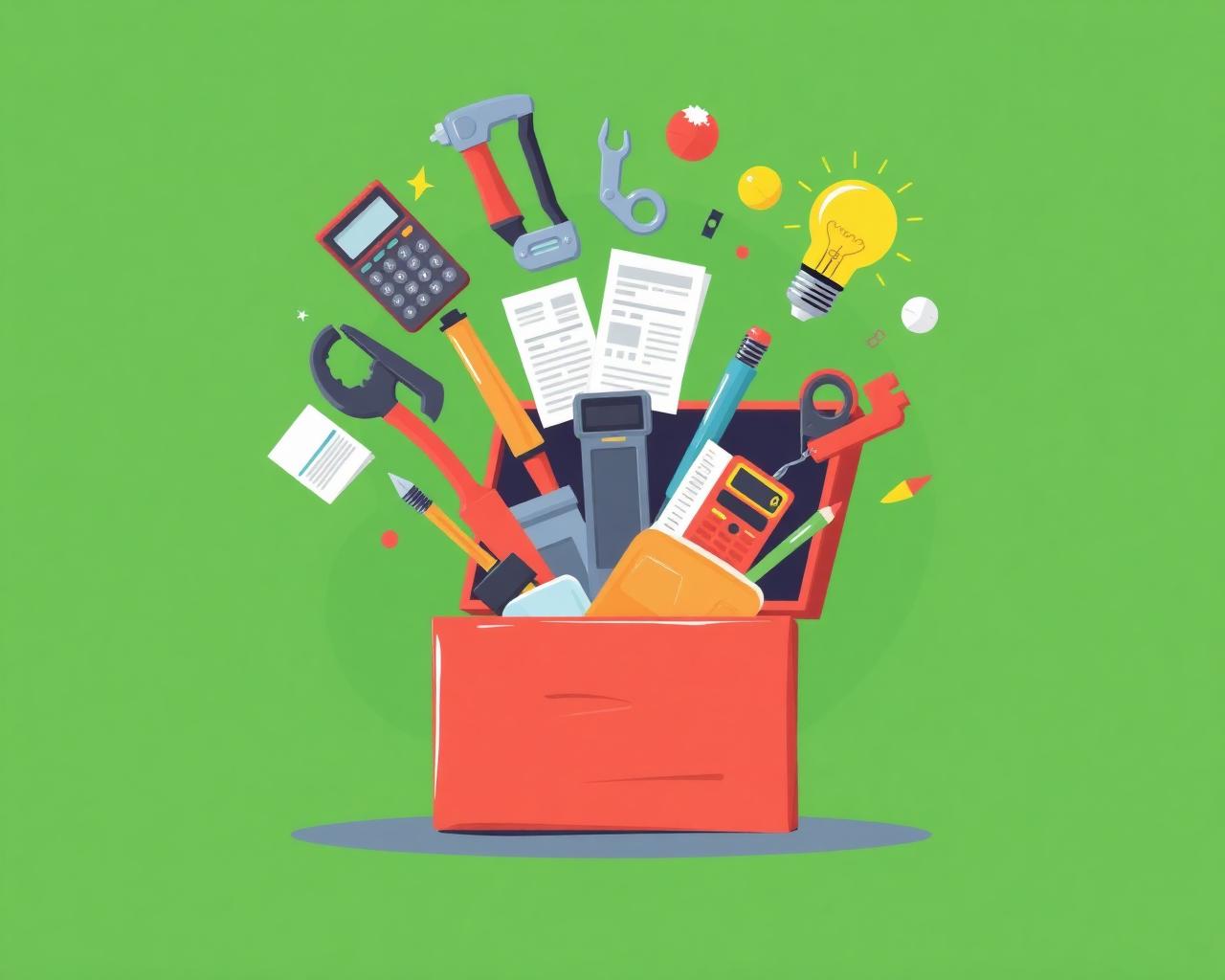 A red toolbox bursting with calculators, tools and lightbulbs